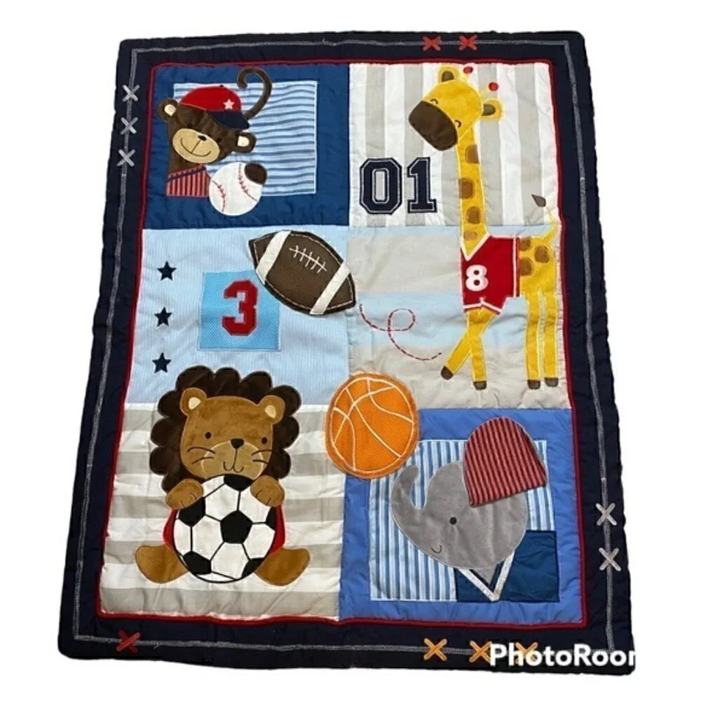Lambs & Ivy Sports Crib Bedding Set Quilted Blanket Animals Giraffe Monkey Lion